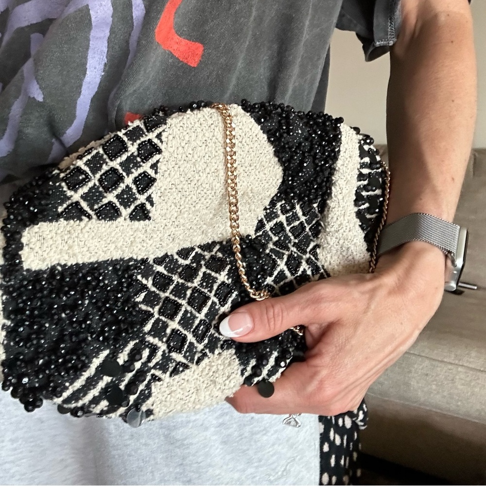 Anthropologie Black & Cream Beaded Clutch